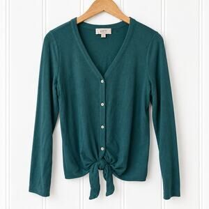Loft Small Teal V-Neck Cardigan Sweater Button Front Knot Hem S